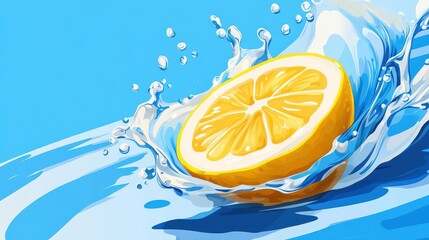 Sticker - Vibrant lemon splashes in water against a bright blue backdrop, showcasing a fresh and lively cartoonstyle design.