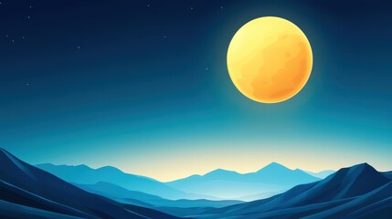 Wall Mural - A vivid scene of a full moon illuminating the serene mountain landscape, bringing a whimsical touch to natures beauty.