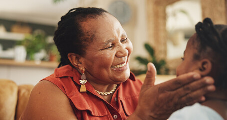 Poster - Happy, grandmother and child with support at house for family bonding, affection and connection of care. Smile, senior and black woman with girl for embrace, love and relax together of childhood