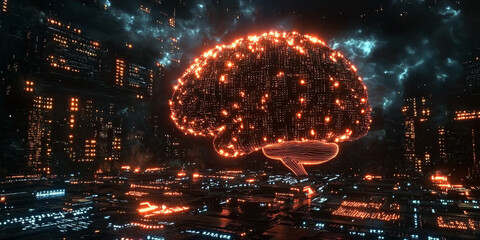 Abstract brain and binary code circuit on blue wallpaper. Chip, data, ai, and future concept