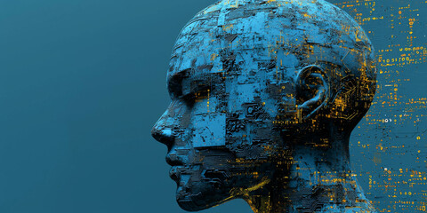 Abstract brain and binary code circuit on blue wallpaper. Chip, data, ai, and future concept