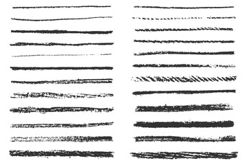 Brush strokes vector set. Crayon and chalk underline hand drawn marks. Pen and pencil sketch scribbles. Charcoal texture thin stripes on white background.