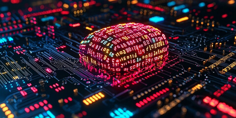 Abstract brain and binary code circuit on blue wallpaper. Chip, data, ai, and future concept