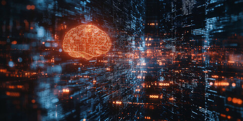 Abstract brain and binary code circuit on blue wallpaper. Chip, data, ai, and future concept