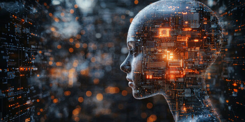 Abstract brain and binary code circuit on blue wallpaper. Chip, data, ai, and future concept