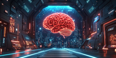 Abstract brain and binary code circuit on blue wallpaper. Chip, data, ai, and future concept