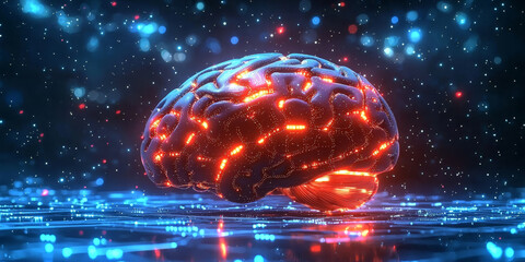 Abstract brain and binary code circuit on blue wallpaper. Chip, data, ai, and future concept