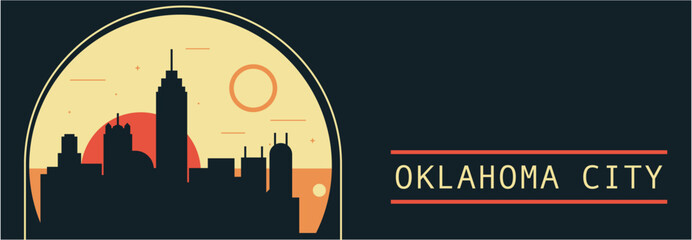 Wall Mural - Oklahoma City retro style vector banner with skyline, cityscape. USA state vintage horizontal illustration. United States of America travel layout for web presentation, header, footer