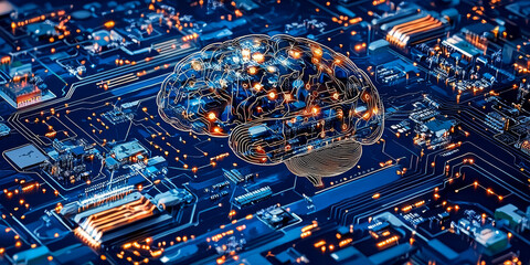 Abstract brain and binary code circuit on blue wallpaper. Chip, data, ai, and future concept