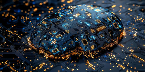 Abstract brain and binary code circuit on blue wallpaper. Chip, data, ai, and future concept