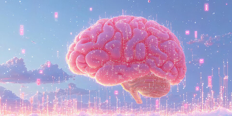Abstract brain and binary code circuit on blue wallpaper. Chip, data, ai, and future concept