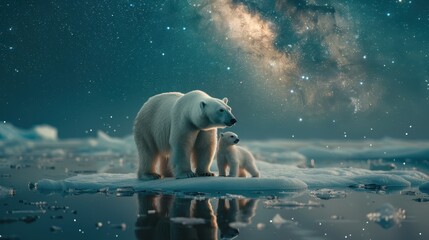 polar bear and cub on ice floe under starry night sky with milky way in background
