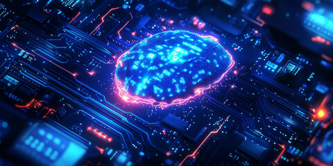 abstract brain and binary code circuit on blue wallpaper. chip, data, ai, and future concept