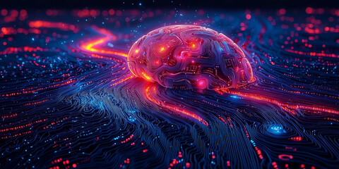 Abstract brain and binary code circuit on blue wallpaper. Chip, data, ai, and future concept