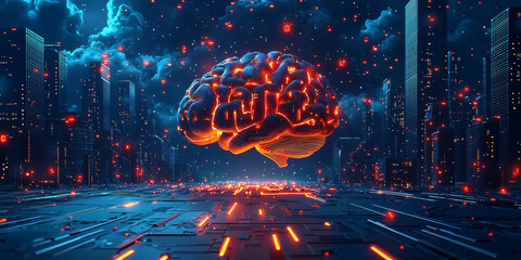 Abstract brain and binary code circuit on blue wallpaper. Chip, data, ai, and future concept