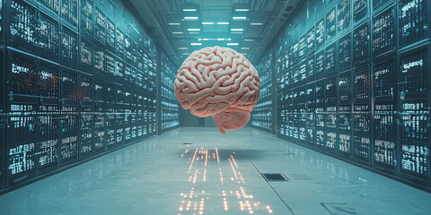Abstract brain and binary code circuit on blue wallpaper. Chip, data, ai, and future concept