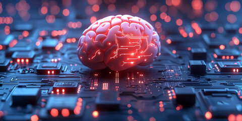 Abstract brain and binary code circuit on blue wallpaper. Chip, data, ai, and future concept