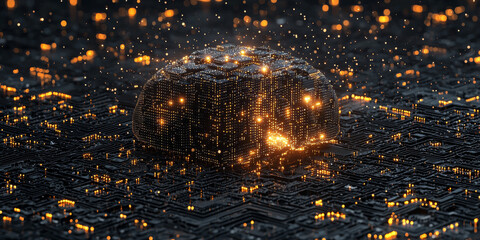 Abstract brain and binary code circuit on blue wallpaper. Chip, data, ai, and future concept