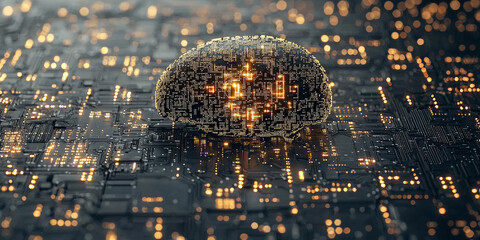 Abstract brain and binary code circuit on blue wallpaper. Chip, data, ai, and future concept