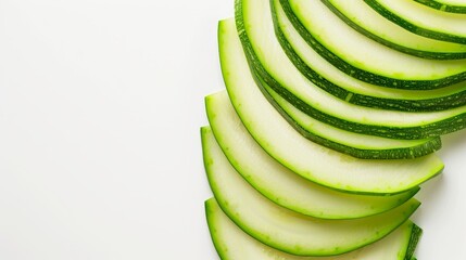 Wall Mural - Close-up of fresh zucchini slices fanned out in a semi-circle, the details of the texture and moisture captured against a white background