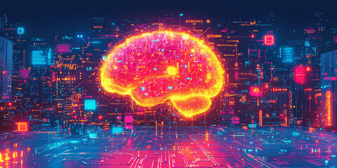 Abstract brain and binary code circuit on blue wallpaper. Chip, data, ai, and future concept