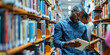 © Aigo labs - A student is reading a book in a library, surrounded by bookshelves.. african man