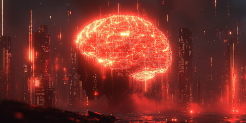 Abstract brain and binary code circuit on blue wallpaper. Chip, data, ai, and future concept