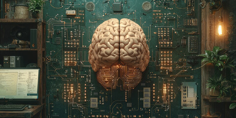 Abstract brain and binary code circuit on blue wallpaper. Chip, data, ai, and future concept
