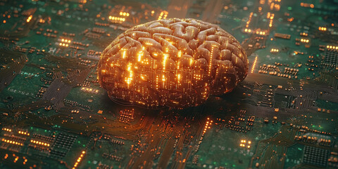 Abstract brain and binary code circuit on blue wallpaper. Chip, data, ai, and future concept