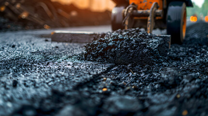 Close-up of freshly laid asphalt with a blurred roller in the background.