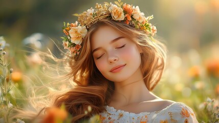 Young woman with auburn hair wearing floral gold crown headband in meadow.