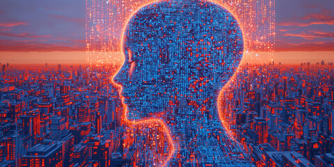 Abstract brain and binary code circuit on blue wallpaper. Chip, data, ai, and future concept