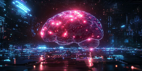 Abstract brain and binary code circuit on blue wallpaper. Chip, data, ai, and future concept