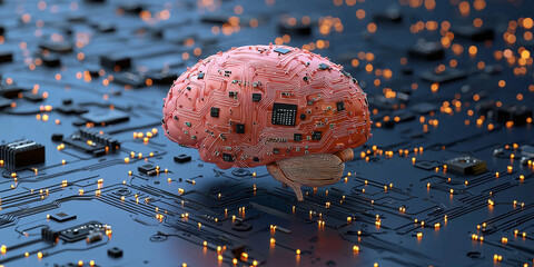 Abstract brain and binary code circuit on blue wallpaper. Chip, data, ai, and future concept