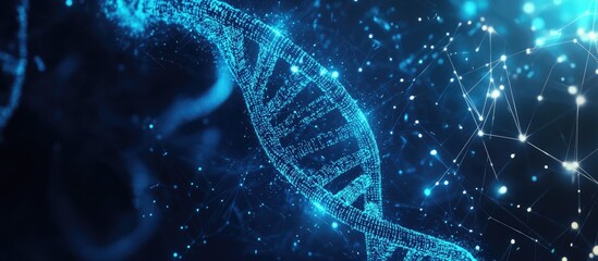 illuminated blue dna helix with binary codes set against dynamic lines and dots digitally generated 