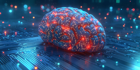 Abstract brain and binary code circuit on blue wallpaper. Chip, data, ai, and future concept