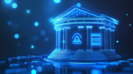luminous blue digital bank symbol on a mock-up background of blue. The idea of online banking and transactions. Rendering in 3D