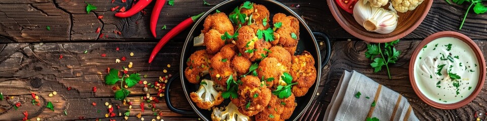 Canvas Print - Vegetarian Breaded Cauliflower Cutlets Served on a Wooden Table