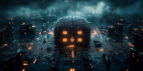 Abstract brain and binary code circuit on blue wallpaper. Chip, data, ai, and future concept
