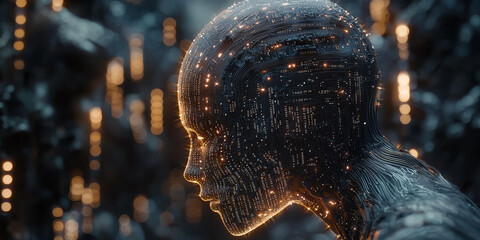 Abstract brain and binary code circuit on blue wallpaper. Chip, data, ai, and future concept