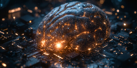 Abstract brain and binary code circuit on blue wallpaper. Chip, data, ai, and future concept