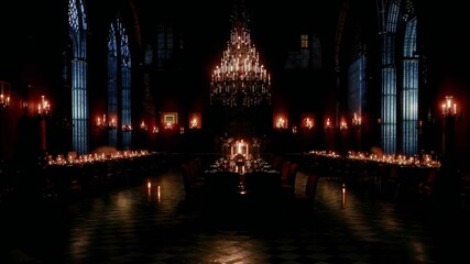 Wall Mural - Large hall of the Gothic castle, high ceilings, black glass floor, night, darkness, a huge burning fireplace in the center, heavy massive furniture, glowing candles in the caldelabs on the walls