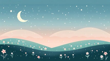 Nighttime meadow, subtle grain, simple modern clean background, flat design illustration