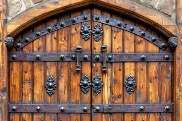 Wall Mural - Weathered nails on vintage oak planks creating a striking resemblance to fortress gates