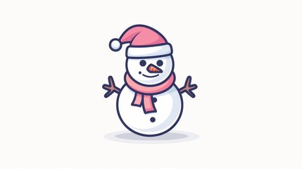 Minimalist snowman wearing a hat and scarf, 2D vector, clean and simple design, plain and uncomplicated look