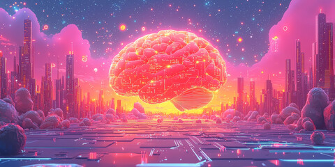 Abstract brain and binary code circuit on blue wallpaper. Chip, data, ai, and future concept