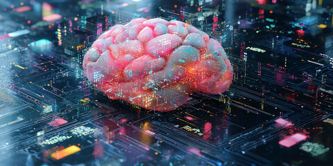 Abstract brain and binary code circuit on blue wallpaper. Chip, data, ai, and future concept
