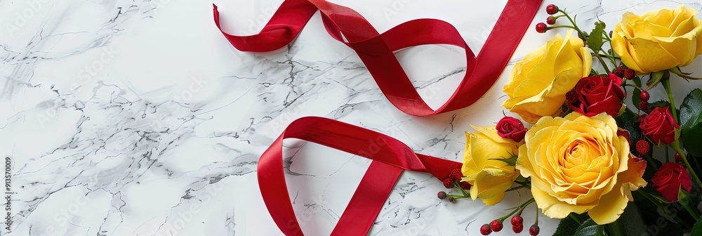 yellow roses, red ribbons, black marble background 