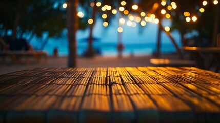 Wall Mural - A wooden table sitting on top of a wooden floor next to a beach