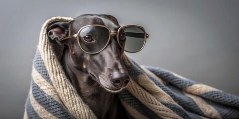 Sleek black greyhound wearing stylish shades and draped in a blanket , trendy, fashionable, dog, stylish, elegant, chic, sleek